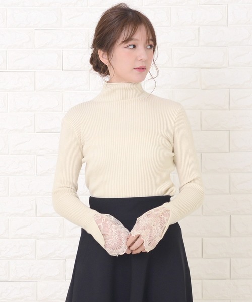 Lace Ladies（レースレディース）の「ハーフタートルネック袖口レース付き長袖リブニット（ニット/セーター・レディース・ブルーグレー/ベージュ/ブラック/アイボリー/ブラウン・FREE）」の5枚目の写真