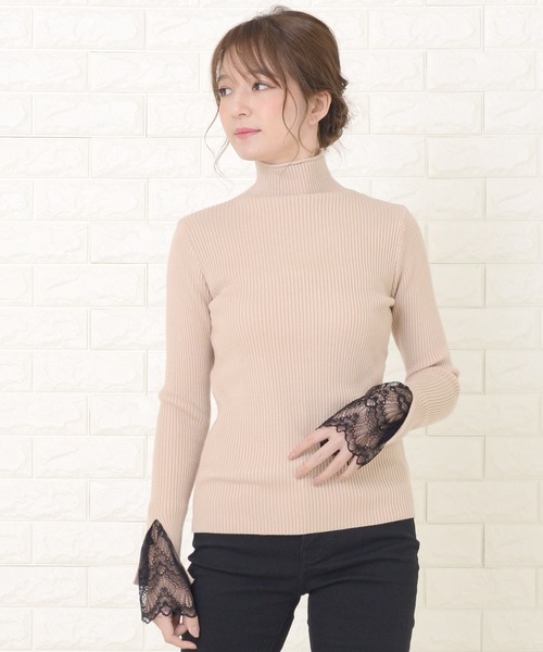 Lace Ladies（レースレディース）の「ハーフタートルネック袖口レース付き長袖リブニット（ニット/セーター・レディース・ブルーグレー/ベージュ/ブラック/アイボリー/ブラウン・FREE）」の4枚目の写真