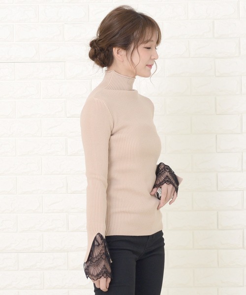 ハーフタートルネック袖口レース付き長袖リブニット（ニット/セーター