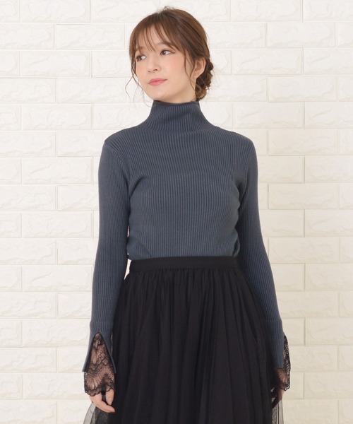 Lace Ladies（レースレディース）の「ハーフタートルネック袖口レース付き長袖リブニット（ニット/セーター・レディース・ブルーグレー/ベージュ/ブラック/アイボリー/ブラウン・FREE）」の9枚目の写真