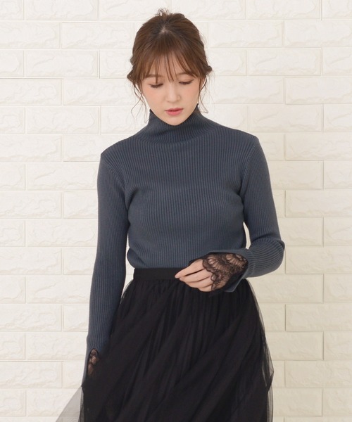 Lace Ladies（レースレディース）の「ハーフタートルネック袖口レース付き長袖リブニット（ニット/セーター・レディース・ブルーグレー/ベージュ/ブラック/アイボリー/ブラウン・FREE）」の14枚目の写真