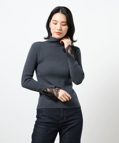 Lace Ladies（レースレディース）の「ハーフタートルネック袖口レース付き長袖リブニット（ニット/セーター・レディース・ブルーグレー/ベージュ/ブラック/アイボリー/ブラウン・FREE）」の16枚目の写真
