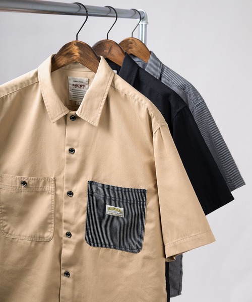 SMITH'S(スミス)の「【SMITH'S AMERICAN/スミスアメリカン】TCツイル 切替ポケット ワーク半袖シャツ(シャツ/ブラウス・メンズ・ブラック/ブルー系その他/ベージュ・M/L/XL)」の2枚目の写真
