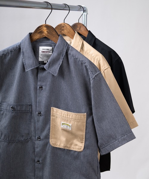 SMITH'S(スミス)の「【SMITH'S AMERICAN/スミスアメリカン】TCツイル 切替ポケット ワーク半袖シャツ(シャツ/ブラウス・メンズ・ブラック/ブルー系その他/ベージュ・M/L/XL)」の3枚目の写真
