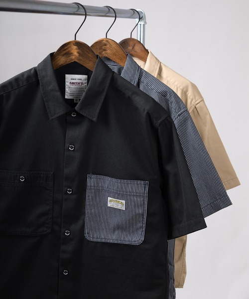 SMITH'S(スミス)の「【SMITH'S AMERICAN/スミスアメリカン】TCツイル 切替ポケット ワーク半袖シャツ(シャツ/ブラウス・メンズ・ブラック/ブルー系その他/ベージュ・M/L/XL)」の1枚目の写真