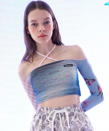 『ODD ONE OUT/オッドワンアウト』Space off-shoulder crop T-shirts/総柄 オフショルダー クロップド丈 長袖Tシャツ