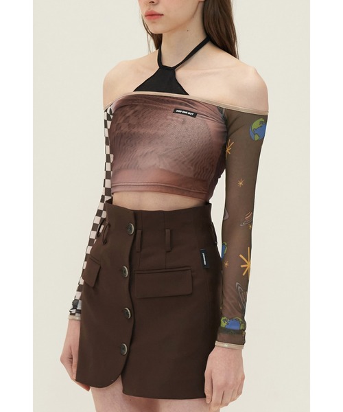 oddoneout(オッドワンアウト)の「『ODD ONE OUT/オッドワンアウト』Space off-shoulder crop T-shirts/総柄 オフショルダー クロップド丈 長袖Tシャツ(Tシャツ/カットソー・レディース・ブラウン/ブルー・FREE)」の14枚目の写真