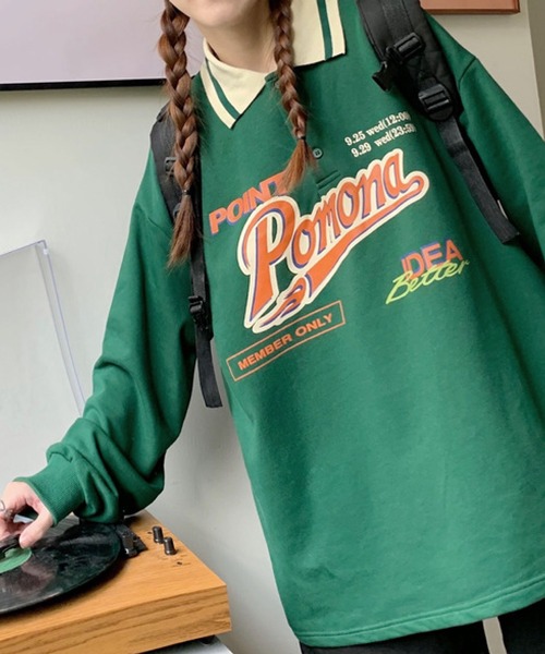 meJane（ミージェーン）の「Pomonaロゴプリント襟配色BIGシルエットポロ【ZOZOTOWN限定】（ポロシャツ・レディース・ネイビー/グリーン・FREE）」の2枚目の写真