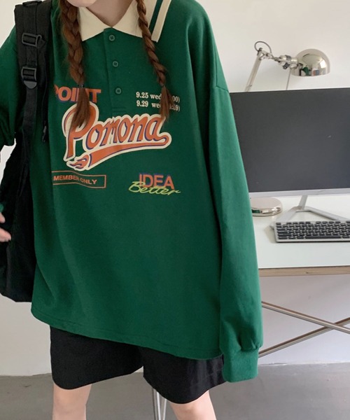 meJane（ミージェーン）の「Pomonaロゴプリント襟配色BIGシルエットポロ【ZOZOTOWN限定】（ポロシャツ・レディース・ネイビー/グリーン・FREE）」の5枚目の写真