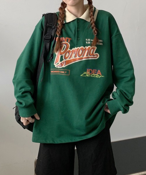 meJane（ミージェーン）の「Pomonaロゴプリント襟配色BIGシルエットポロ【ZOZOTOWN限定】（ポロシャツ・レディース・ネイビー/グリーン・FREE）」の3枚目の写真