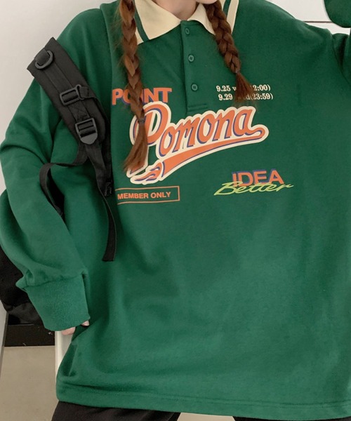 meJane（ミージェーン）の「Pomonaロゴプリント襟配色BIGシルエットポロ【ZOZOTOWN限定】（ポロシャツ・レディース・ネイビー/グリーン・FREE）」の11枚目の写真