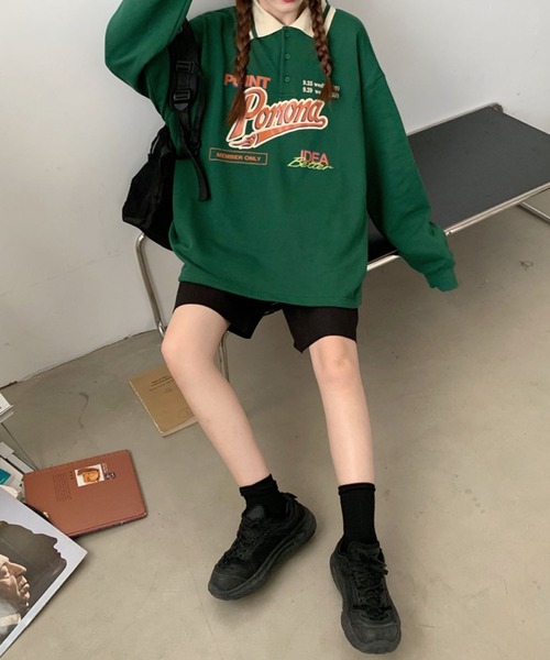 meJane（ミージェーン）の「Pomonaロゴプリント襟配色BIGシルエットポロ【ZOZOTOWN限定】（ポロシャツ・レディース・ネイビー/グリーン・FREE）」の7枚目の写真