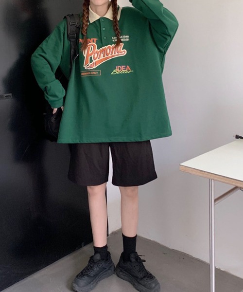 meJane（ミージェーン）の「Pomonaロゴプリント襟配色BIGシルエットポロ【ZOZOTOWN限定】（ポロシャツ・レディース・ネイビー/グリーン・FREE）」の16枚目の写真