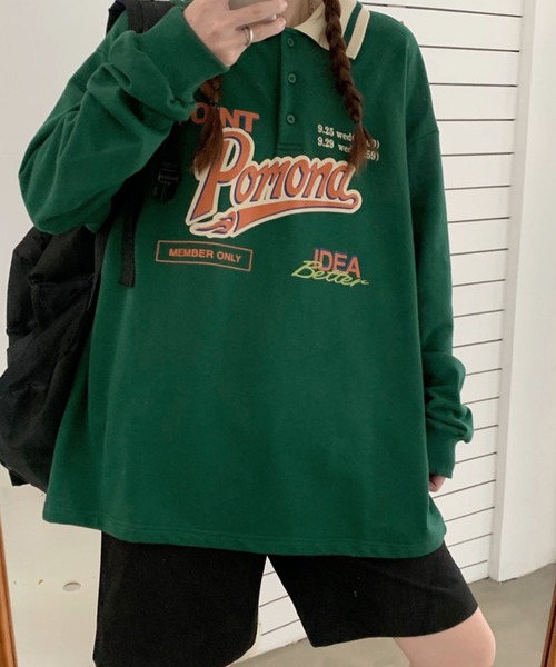 meJane（ミージェーン）の「Pomonaロゴプリント襟配色BIGシルエットポロ【ZOZOTOWN限定】（ポロシャツ・レディース・ネイビー/グリーン・FREE）」の9枚目の写真