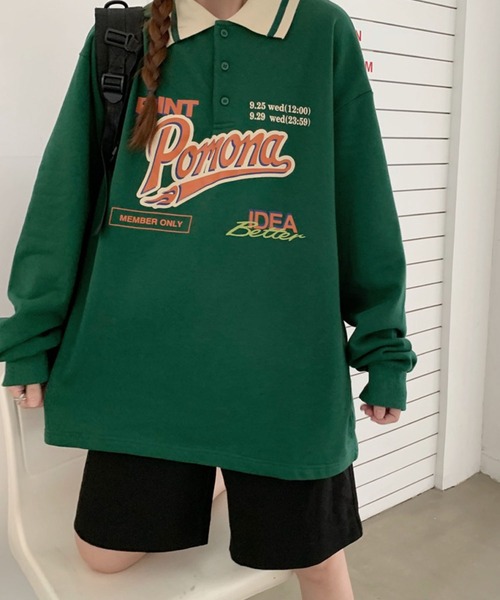 meJane（ミージェーン）の「Pomonaロゴプリント襟配色BIGシルエットポロ【ZOZOTOWN限定】（ポロシャツ・レディース・ネイビー/グリーン・FREE）」の13枚目の写真