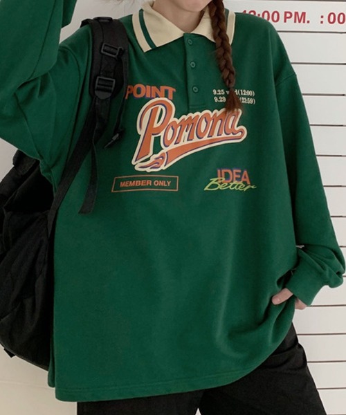 meJane（ミージェーン）の「Pomonaロゴプリント襟配色BIGシルエットポロ【ZOZOTOWN限定】（ポロシャツ・レディース・ネイビー/グリーン・FREE）」の6枚目の写真