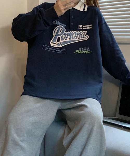 meJane（ミージェーン）の「Pomonaロゴプリント襟配色BIGシルエットポロ【ZOZOTOWN限定】（ポロシャツ・レディース・ネイビー/グリーン・FREE）」の12枚目の写真