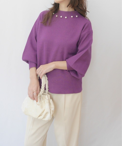 AZUL ENCANTO(アズールエンカント)の「パールミラノリブトップス(Tシャツ/カットソー・レディース・ライトベージュ/パープル/ブラック・FREE)」の4枚目の写真