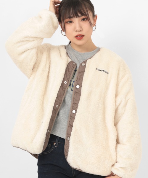 CONVERSE(コンバース)の「【CONVERSE/コンバース】リバーシブル ノーカラーボアジャケット/ノーカラーJKT(ノーカラージャケット・レディース・ブラック/アイボリー/モカ・M/L)」の2枚目の写真