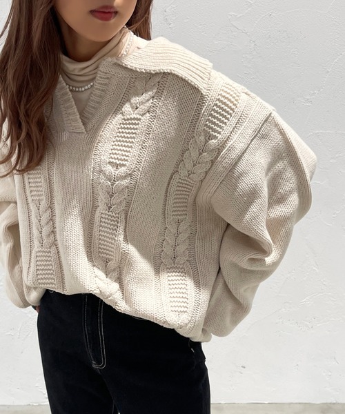 apres jour mignon(アプレジュールミニョン)の「襟付きキーネックニット【ZOZOTOWN限定アイテム】(ニット/セーター・レディース・ブラック/杢グレー/アイボリー・X-LARGE/フリー)」の2枚目の写真