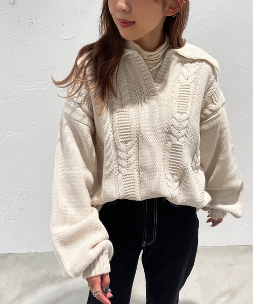 apres jour mignon(アプレジュールミニョン)の「襟付きキーネックニット【ZOZOTOWN限定アイテム】(ニット/セーター・レディース・ブラック/杢グレー/アイボリー・X-LARGE/フリー)」の4枚目の写真