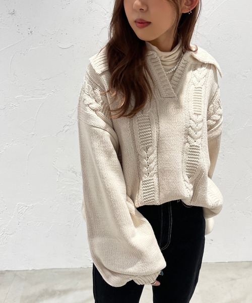 apres jour mignon(アプレジュールミニョン)の「襟付きキーネックニット【ZOZOTOWN限定アイテム】(ニット/セーター・レディース・ブラック/杢グレー/アイボリー・X-LARGE/フリー)」の5枚目の写真