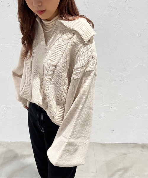 apres jour mignon(アプレジュールミニョン)の「襟付きキーネックニット【ZOZOTOWN限定アイテム】(ニット/セーター・レディース・ブラック/杢グレー/アイボリー・X-LARGE/フリー)」の6枚目の写真