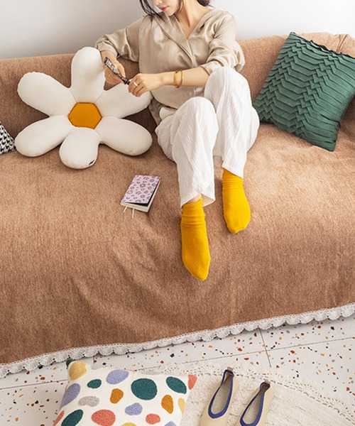 aimoha（アイモハ）の「裾レースナチュラル　ブランケット/ソファーカバー（ブランケット・レディース・ベージュ/ネイビー/グレー/ピンク/イエロー/ブルー/グリーン/ライトグリーン/チョコ・FREE）」の3枚目の写真