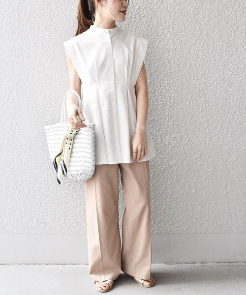 タグ付き SHIPS　シワ加工　切り替えブラウス　夏服 接触冷感 / 撥水加工〉TEX BRID(R)タフタ ギャザー ノースリーブ