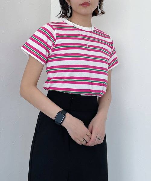 PAGEBOY（ページボーイ）の「マルチボーダーコンパクトTシャツ（Tシャツ/カットソー・レディース・ピンク/グリーン・FREE）」の3枚目の写真