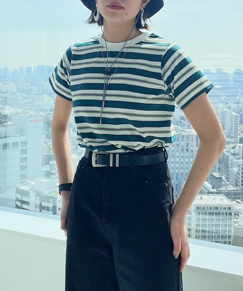 PAGEBOY（ページボーイ）の「マルチボーダーコンパクトTシャツ（Tシャツ/カットソー・レディース・ピンク/グリーン・FREE）」の7枚目の写真