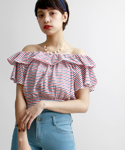 WEGO(ウィゴー)の「WEGO/フリルオフショルカットソー(Tシャツ/カットソー・レディース・オフホワイト/ブラック系その他/ネイビー/その他1/トリコロール/その他3/その他4/ライトイエロー/ホワイト系その他/その他2/その他5/ブラック・FREE)」の9枚目の写真