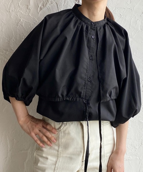 She's Closet(シーズクローゼット)の「バンドカラーボリュームスリーブ半袖ブロードケープブラウス(シャツ/ブラウス・レディース・ホワイト/ブラック/ブルー/グリーン・FREE)」の2枚目の写真