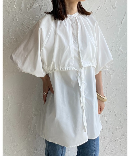 She's Closet(シーズクローゼット)の「バンドカラーボリュームスリーブ半袖ブロードケープブラウス(シャツ/ブラウス・レディース・ホワイト/ブラック/ブルー/グリーン・FREE)」の5枚目の写真