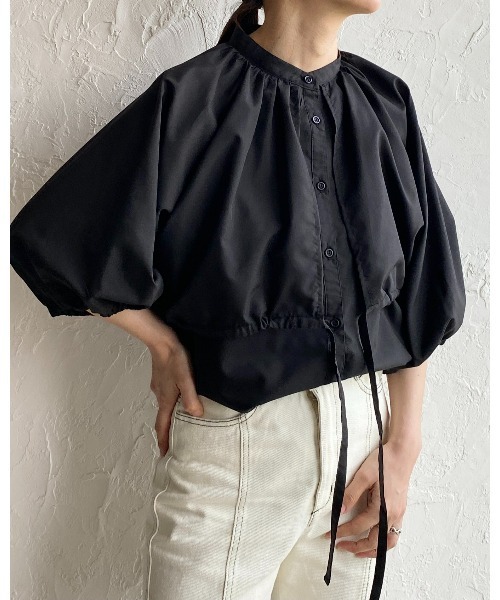 She's Closet(シーズクローゼット)の「バンドカラーボリュームスリーブ半袖ブロードケープブラウス(シャツ/ブラウス・レディース・ホワイト/ブラック/ブルー/グリーン・FREE)」の9枚目の写真
