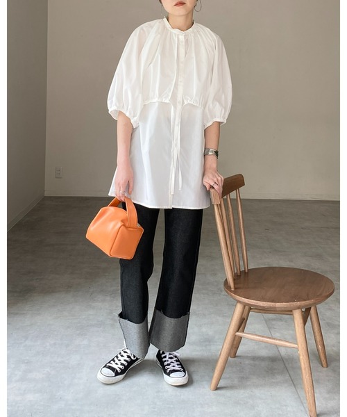 She's Closet(シーズクローゼット)の「バンドカラーボリュームスリーブ半袖ブロードケープブラウス(シャツ/ブラウス・レディース・ホワイト/ブラック/ブルー/グリーン・FREE)」の13枚目の写真