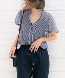 Q | スタンドフリルストライプブラウス(シャツ/ブラウス)