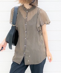 Q | スタンドフリルストライプブラウス(シャツ/ブラウス)