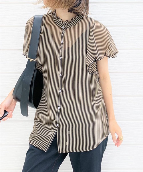 Q（キュー）の「スタンドフリルストライプブラウス（シャツ/ブラウス・レディース・ネイビー系/ブラウン系その他・MEDIUM）」の2枚目の写真