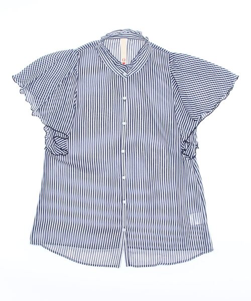 Q（キュー）の「スタンドフリルストライプブラウス（シャツ/ブラウス・レディース・ネイビー系/ブラウン系その他・MEDIUM）」の7枚目の写真