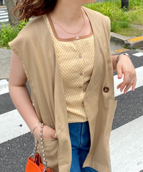 CPCM（シーピーシーエム）の「ジャガード柄配色前ボタンタンク（タンクトップ・レディース・ブラック/グリーン/パープル/イエロー・FREE）」の10枚目の写真