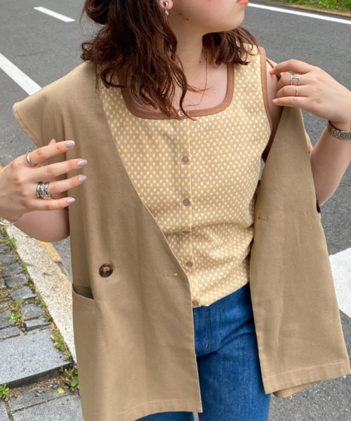 CPCM（シーピーシーエム）の「ジャガード柄配色前ボタンタンク（タンクトップ・レディース・ブラック/グリーン/パープル/イエロー・FREE）」の11枚目の写真