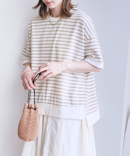 reca(レカ)の「サイドスリットボーダー半袖Tシャツ(Tシャツ/カットソー・レディース・ホワイト×ブラック/ブラック×ホワイト/ホワイト系その他/ネイビー・FREE)」の2枚目の写真