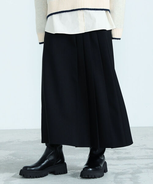 fredy emue（フレディエミュ）の「アシメプリーツミディ丈スカート（スカート・レディース・ブラック/オフホワイト・38/36）」の9枚目の写真