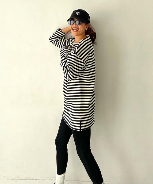 CHERI since1985(シェリ)の「ボートネックビッグシルエット裏起毛ボーダーカットソー(Tシャツ/カットソー・レディース・ブラック/ブラウン・FREE)」の6枚目の写真