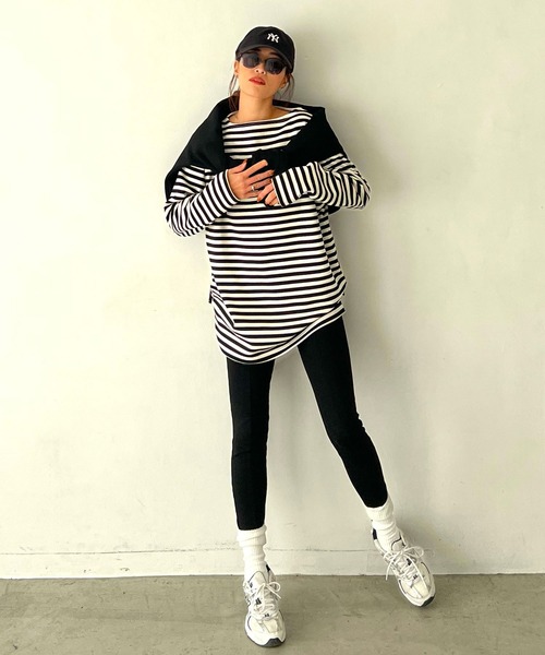 CHERI since1985(シェリ)の「ボートネックビッグシルエット裏起毛ボーダーカットソー(Tシャツ/カットソー・レディース・ブラック/ブラウン・FREE)」の7枚目の写真