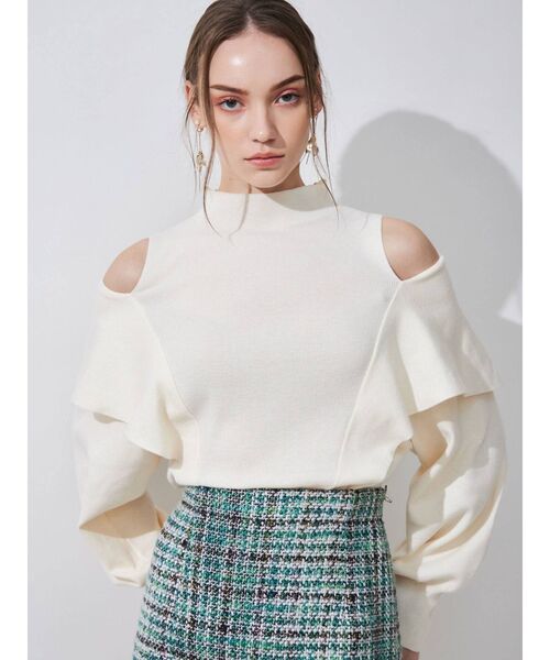 MERCURYDUO（マーキュリーデュオ）の「ケープドッキングモックネックニット（ニット/セーター・レディース・ダークブラウン/ベージュ/オフホワイト・FREE）」の2枚目の写真