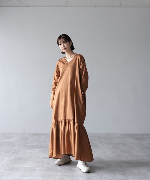 ブラウン Vネック ドレス ワンピース ゴールド レジャ ブラウン Vネック ドレス ワンピース ゴールド レジャ ブラウン V