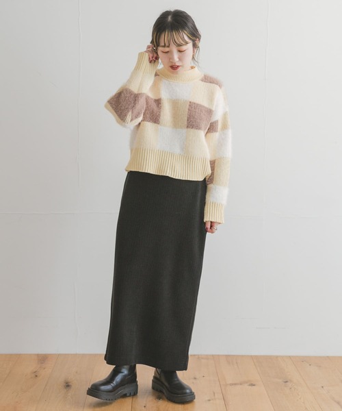 sheller ブロックチェック アンサンブルニット　ベージュ　ブラウン セール】【アンサンブル/クロップド丈】長袖ブロックチェック