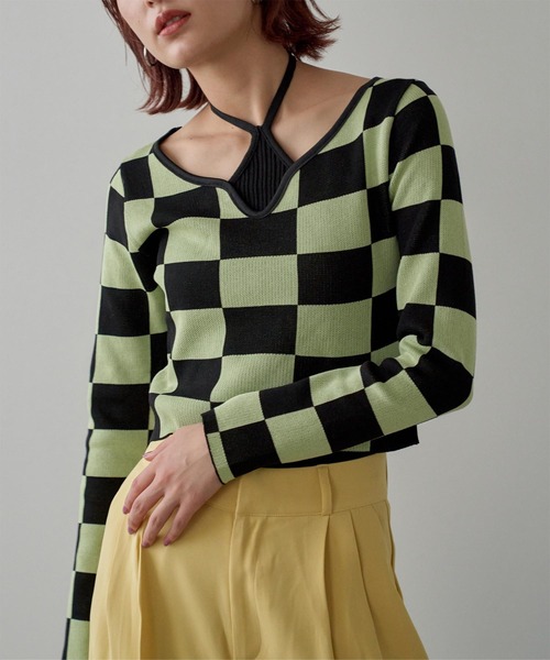 miette（ミエット）の「ハートネックチェッカー柄ショートトップス（ニット/セーター・レディース・オフホワイト/ブルー/グリーン/ピンク・FREE）」の2枚目の写真